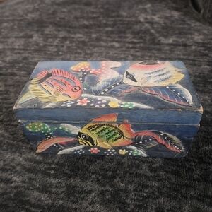 VTG Hand Carved & Painted Wooden Trinket Box Blue Pastel Fish
